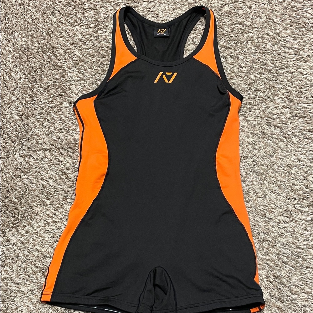 Mens A7 Black and Orange Powerlifting Singlet